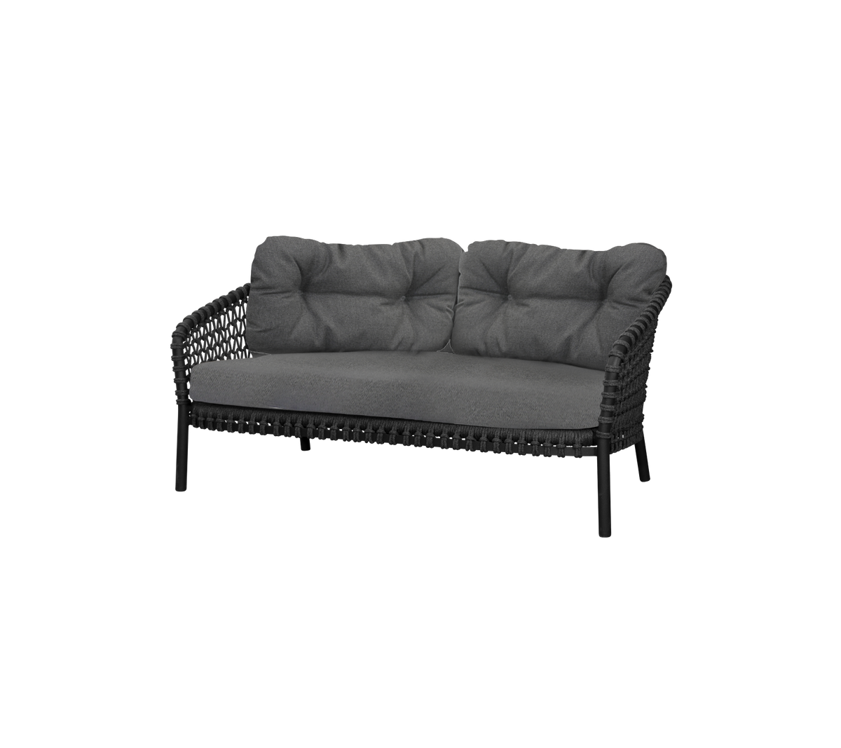 Canapé deux places élégant avec un cadre noir épuré et des coussins gris moelleux pour le confort et l'élégance. Parfait pour les agencements de sièges modernes.