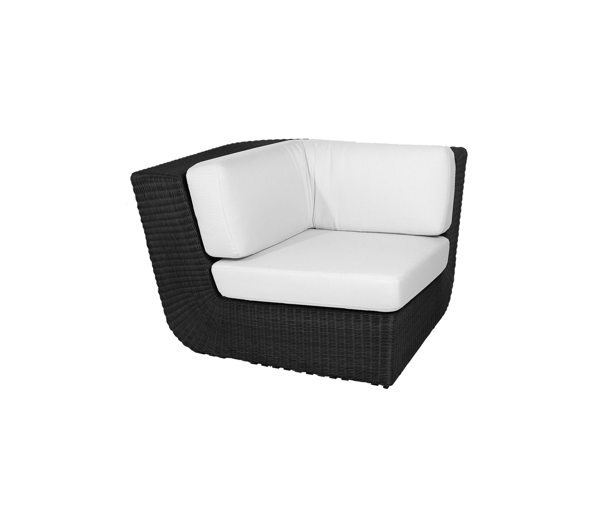 Chaise d'angle élégante avec un design tissé noir épuré et des coussins blancs confortables, parfaite pour des aménagements modernes.