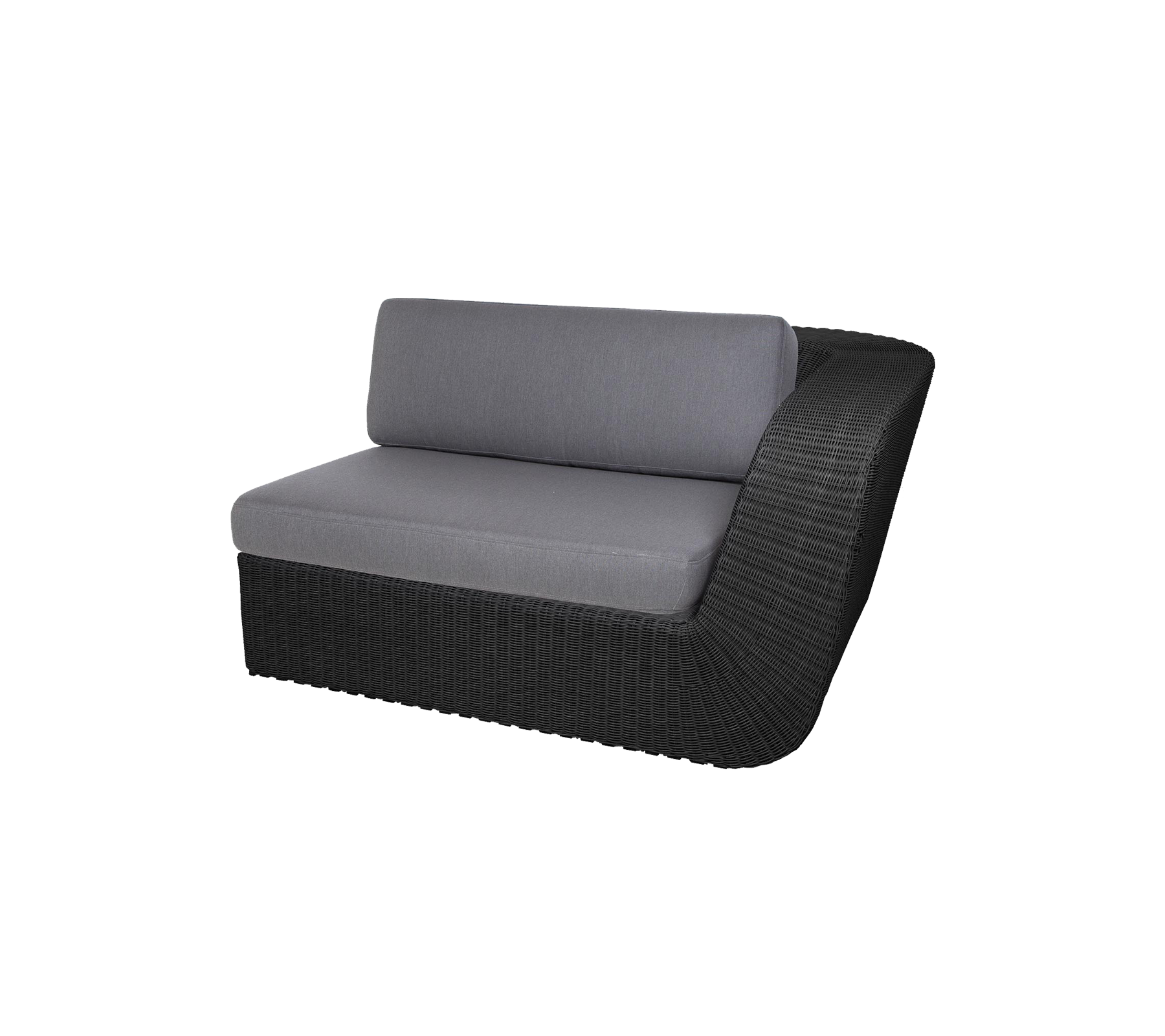 Canapé courbé élégant avec une base en osier noir lisse et des coussins gris confortables pour un siège moderne.