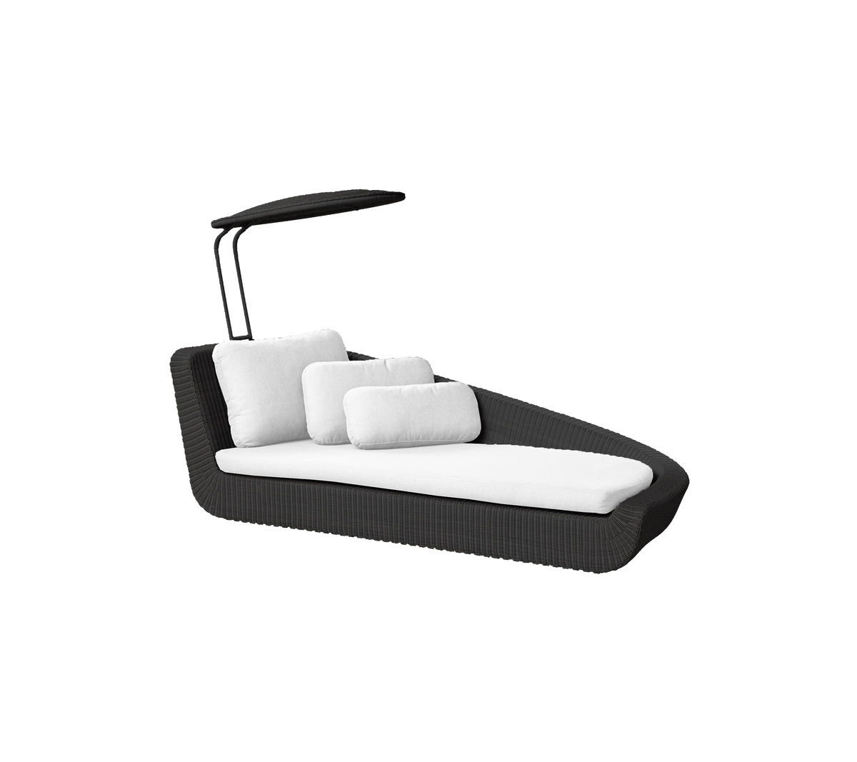 Chaise longue noire élégante avec coussins blancs et un auvent réglable pour l'ombre et le confort. Parfaite pour la détente.