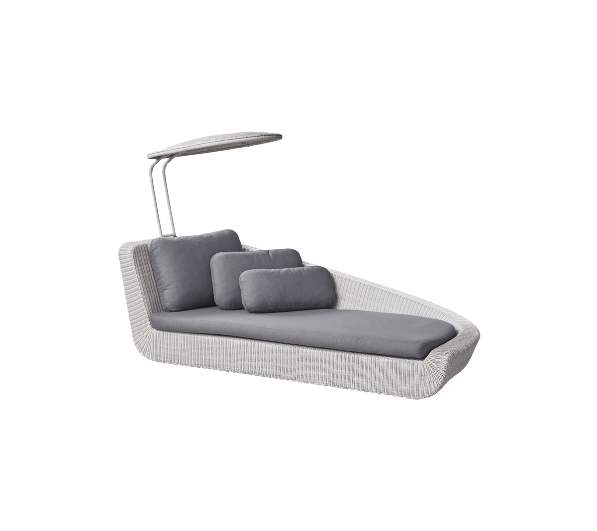 Fauteuil lounge élégant avec un design épuré, équipé de coussins gris et d'une canopée de protection pour plus de confort. Parfait pour la détente.