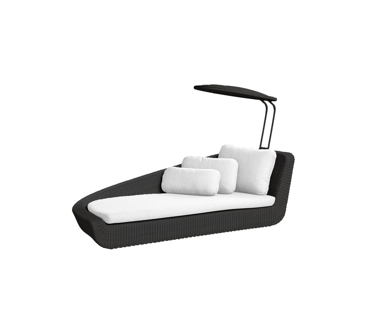 Chaise longue élégante pour extérieur au design épuré, dotée de coussins blancs moelleux et d'un auvent protecteur pour le confort et la détente.