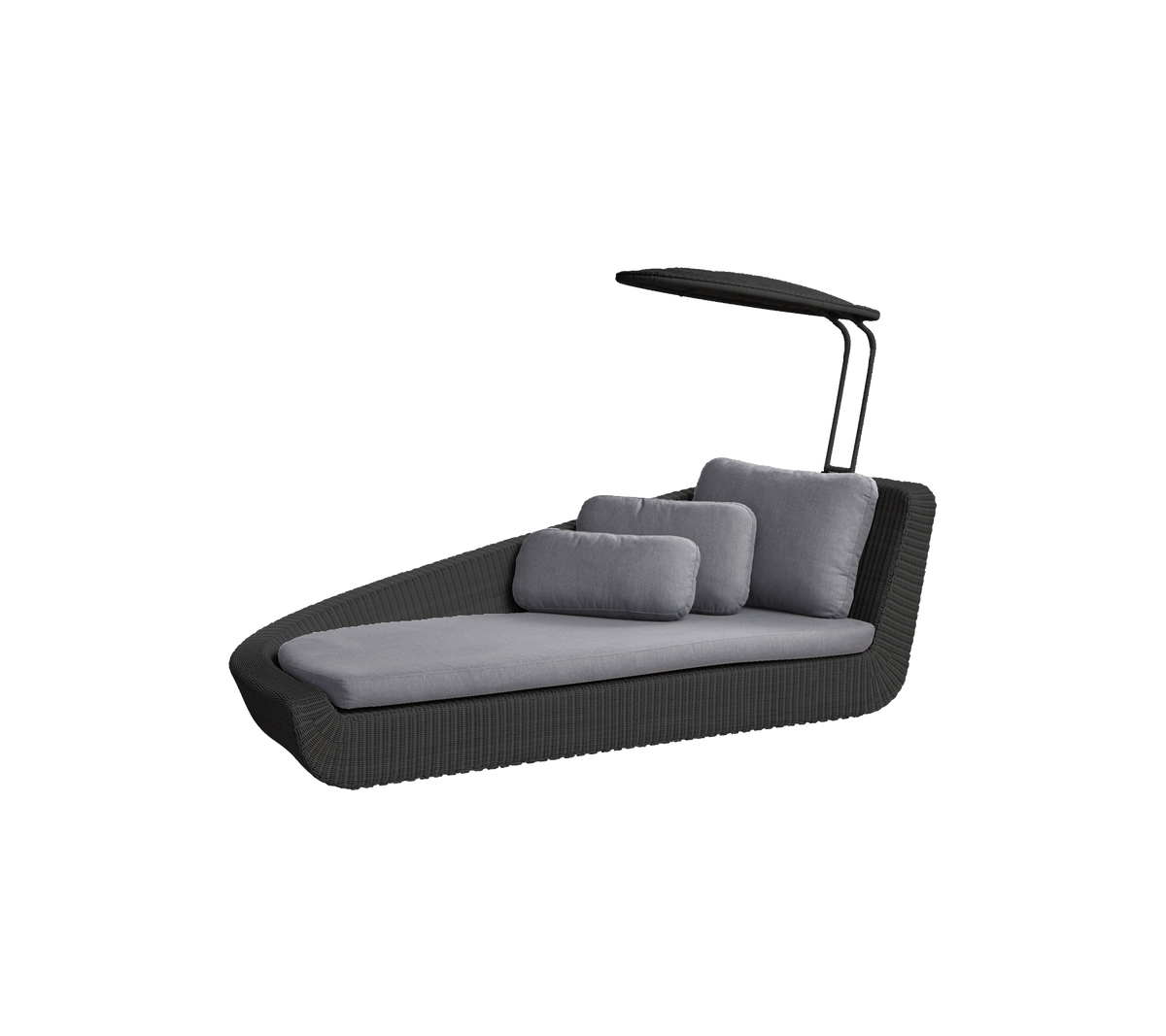 Fauteuil lounge élégant au design moderne, avec un auvent et de moelleux coussins gris pour le confort et la détente.
