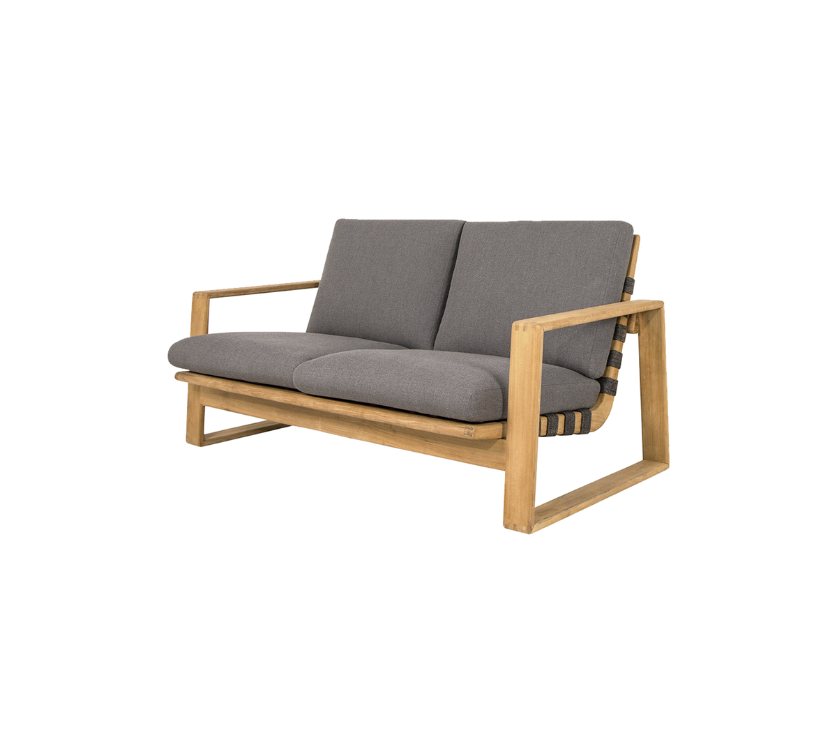 Canapé deux places avec un cadre en bois clair et des coussins gris, au design moderne et offrant un confort d'assise.
