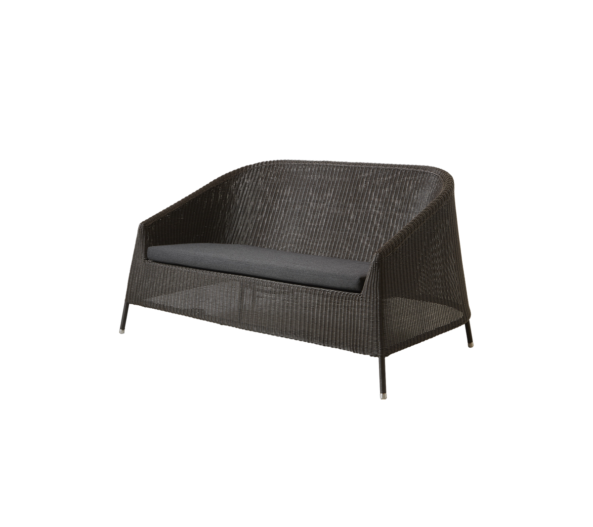 Canapé deux places élégant avec un extérieur tissé et un coussin gris confortable, parfait pour la détente et les rassemblements en plein air.