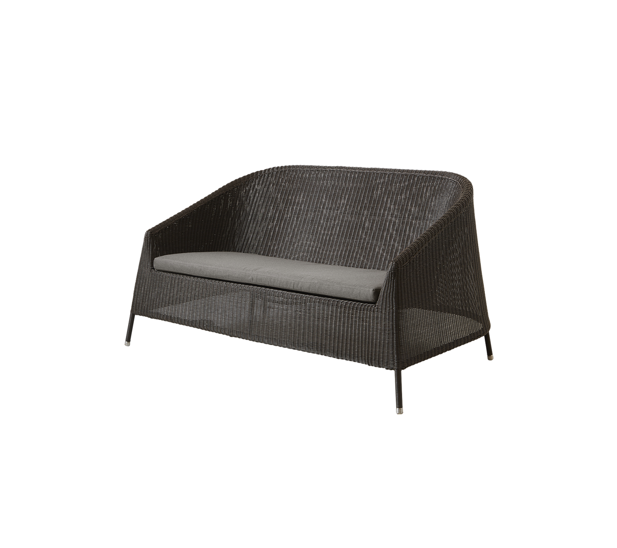 Canapé deux places élégant avec un design tissé durable et un coussin gris, parfait pour la détente et le confort en extérieur.