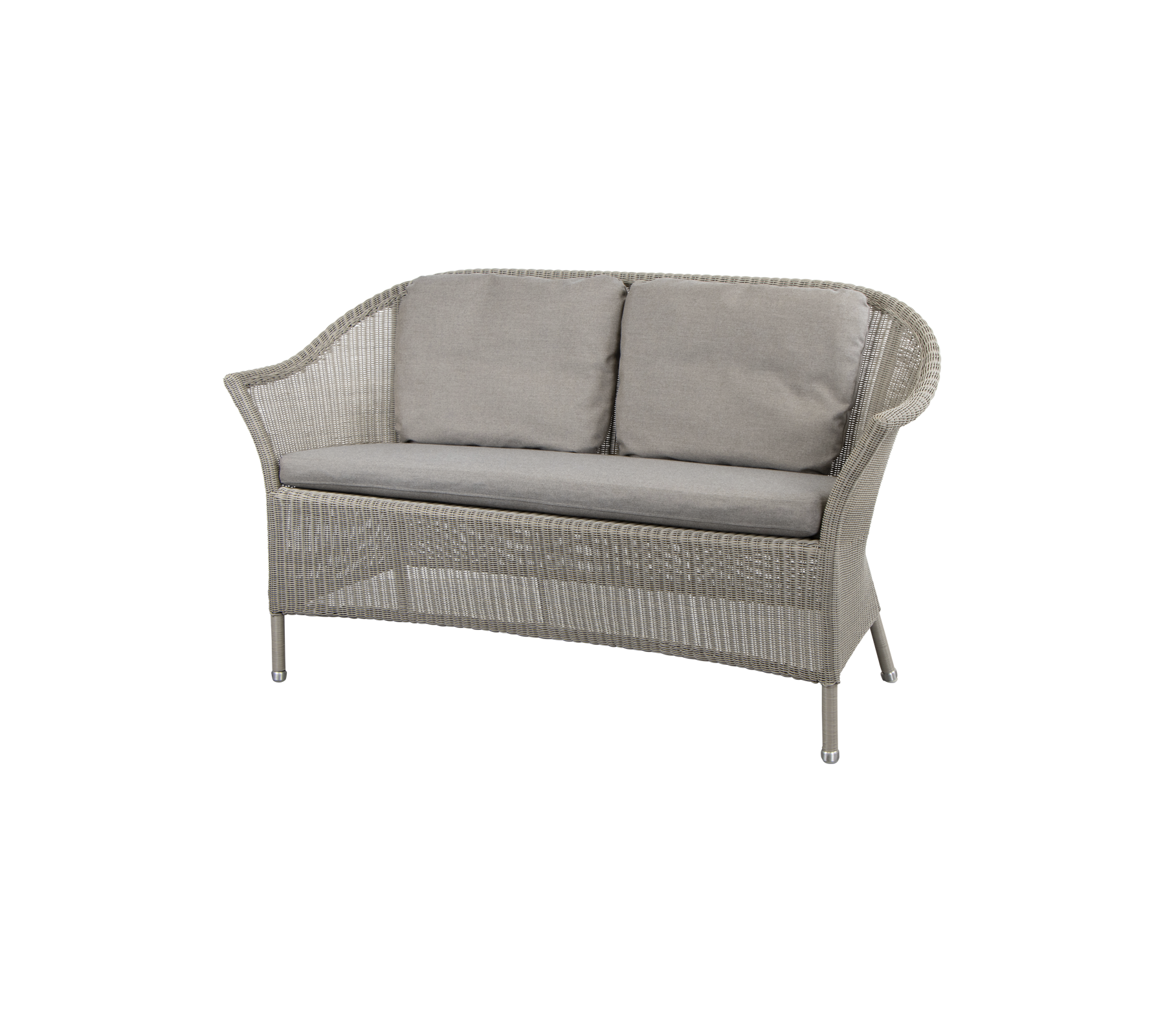 Canapé deux places confortable avec des coussins gris clair et un design tissé, parfait pour se détendre et s'asseoir avec style.