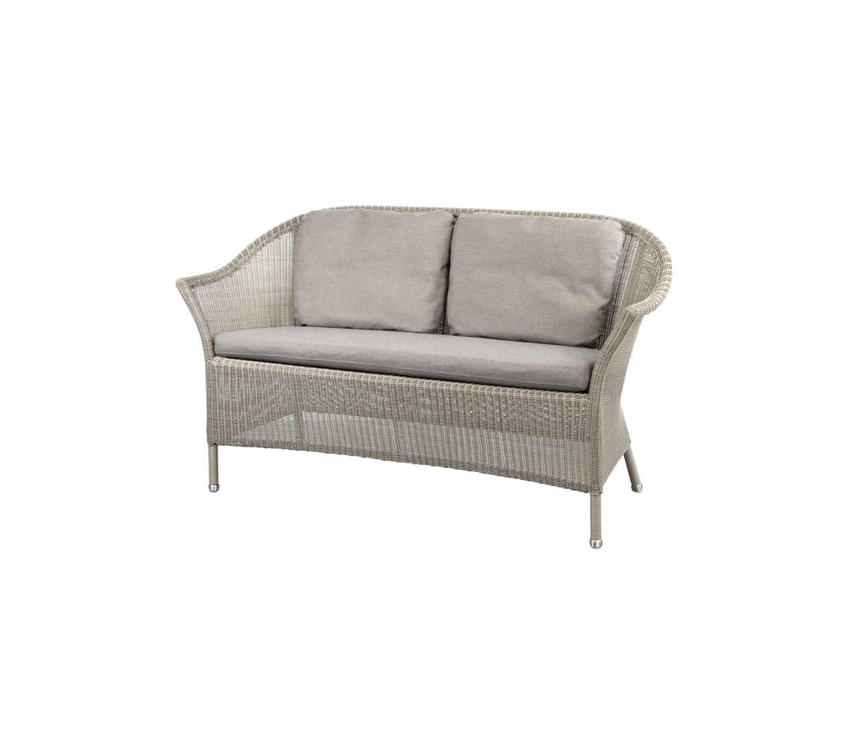 Un canapé deux places élégant avec un cadre tressé et de doux coussins gris, parfait pour des options d'assise confortables.
