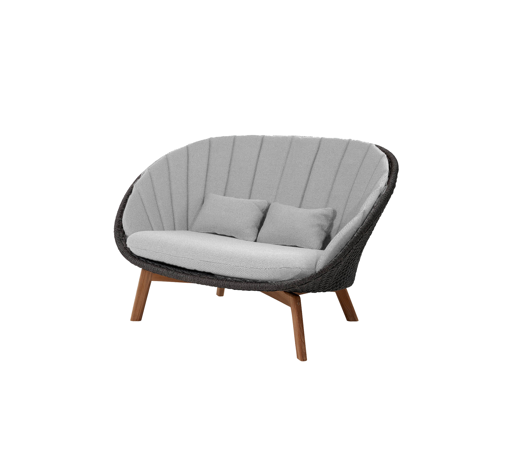 Canapé design deux places avec une silhouette courbée, revêtu de tissu gris et doté de pieds en bois, parfait pour apporter confort et une touche moderne.