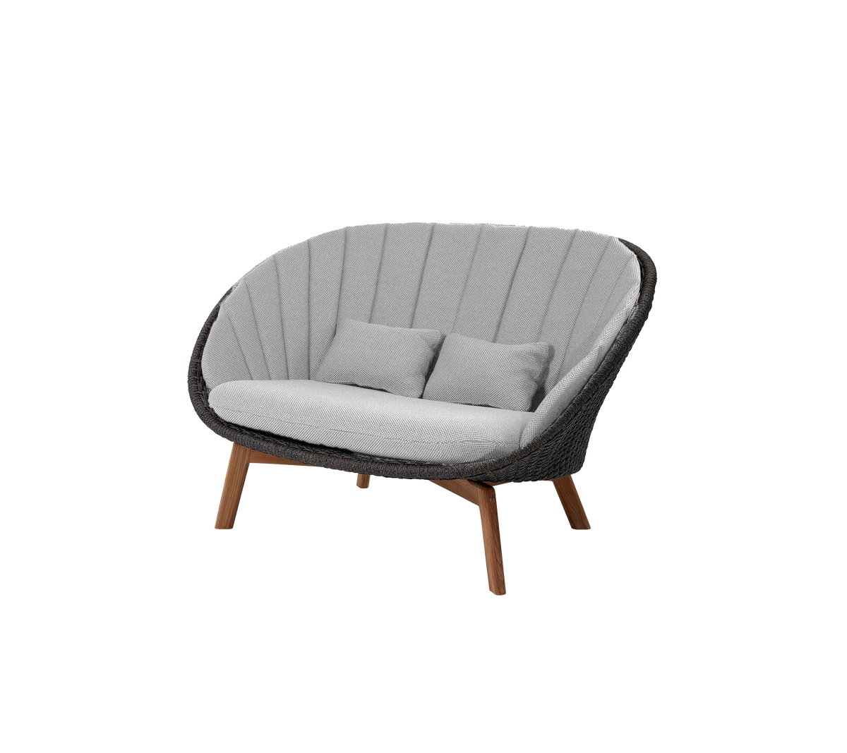Canapé design deux places avec une silhouette courbée, revêtu de tissu gris et doté de pieds en bois, parfait pour apporter confort et une touche moderne.