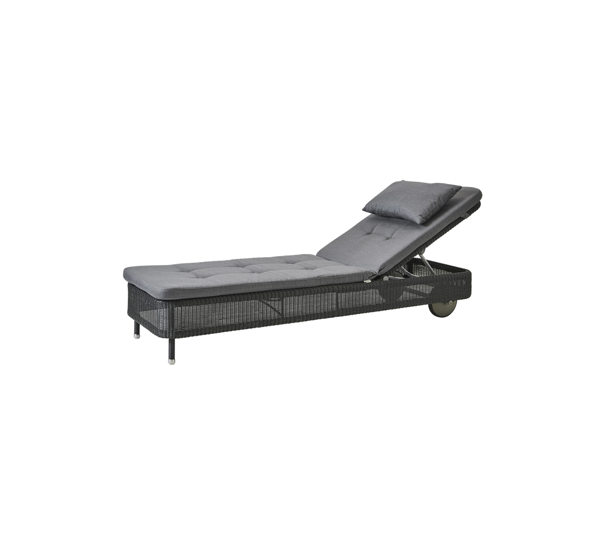 Chaise longue réglable avec un coussin gris doux et une base texturée, parfaite pour se détendre dans n'importe quel cadre.