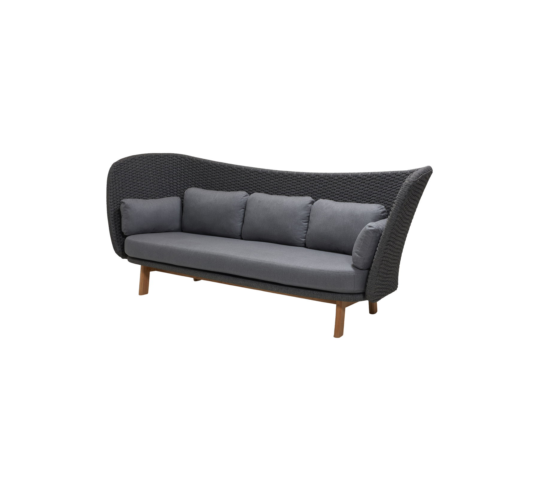 Canapé trois places élégant avec un design tissé et des coussins gris moelleux, soutenu par des pieds en bois pour un look accueillant.