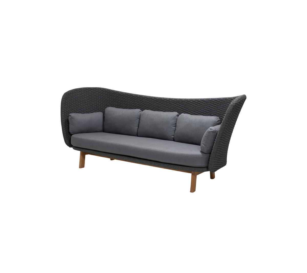 Canapé trois places élégant avec un design tissé et des coussins gris moelleux, soutenu par des pieds en bois pour un look accueillant.