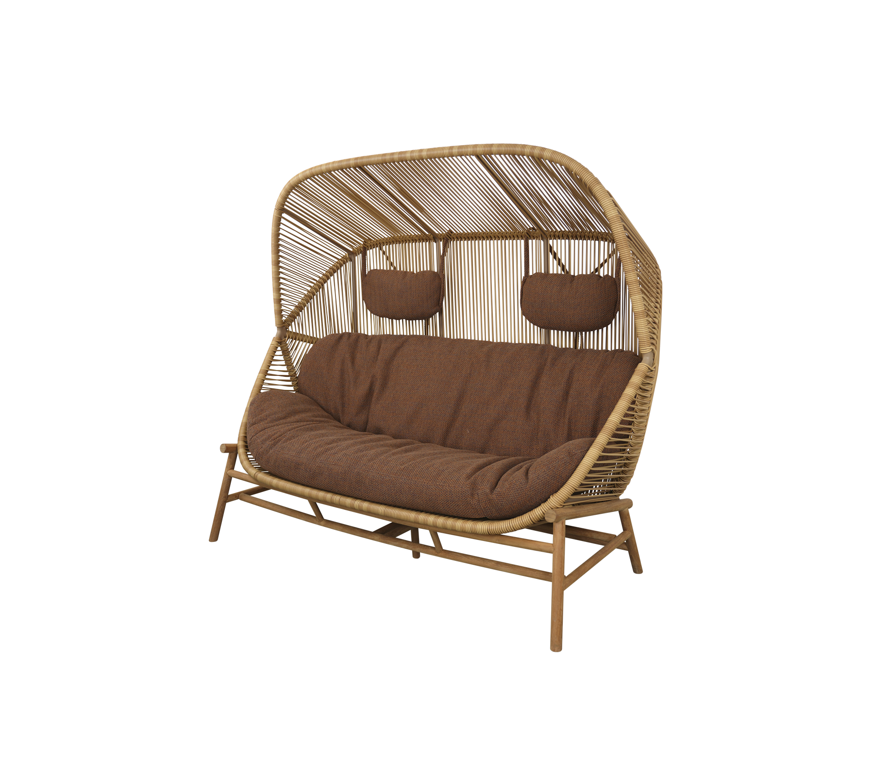 Canapé double élégant avec un cadre en bambou incurvé, doté de coussins confortables et de deux accoudoirs rembourrés pour plus de confort.
