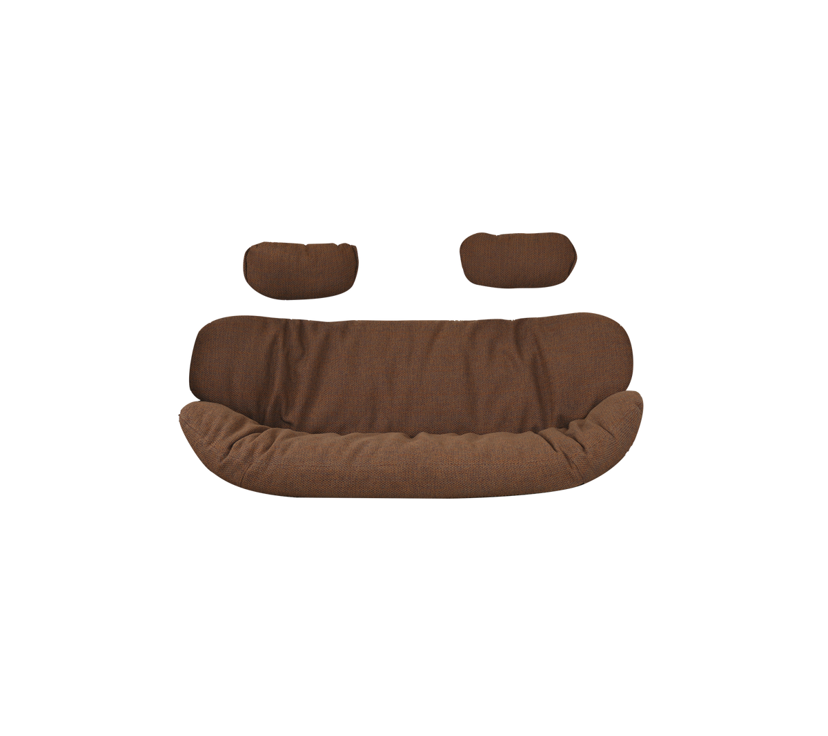Canapé en tissu brun avec deux coussins assortis, ayant un design incurvé et accueillant. Idéal pour des assises confortables.