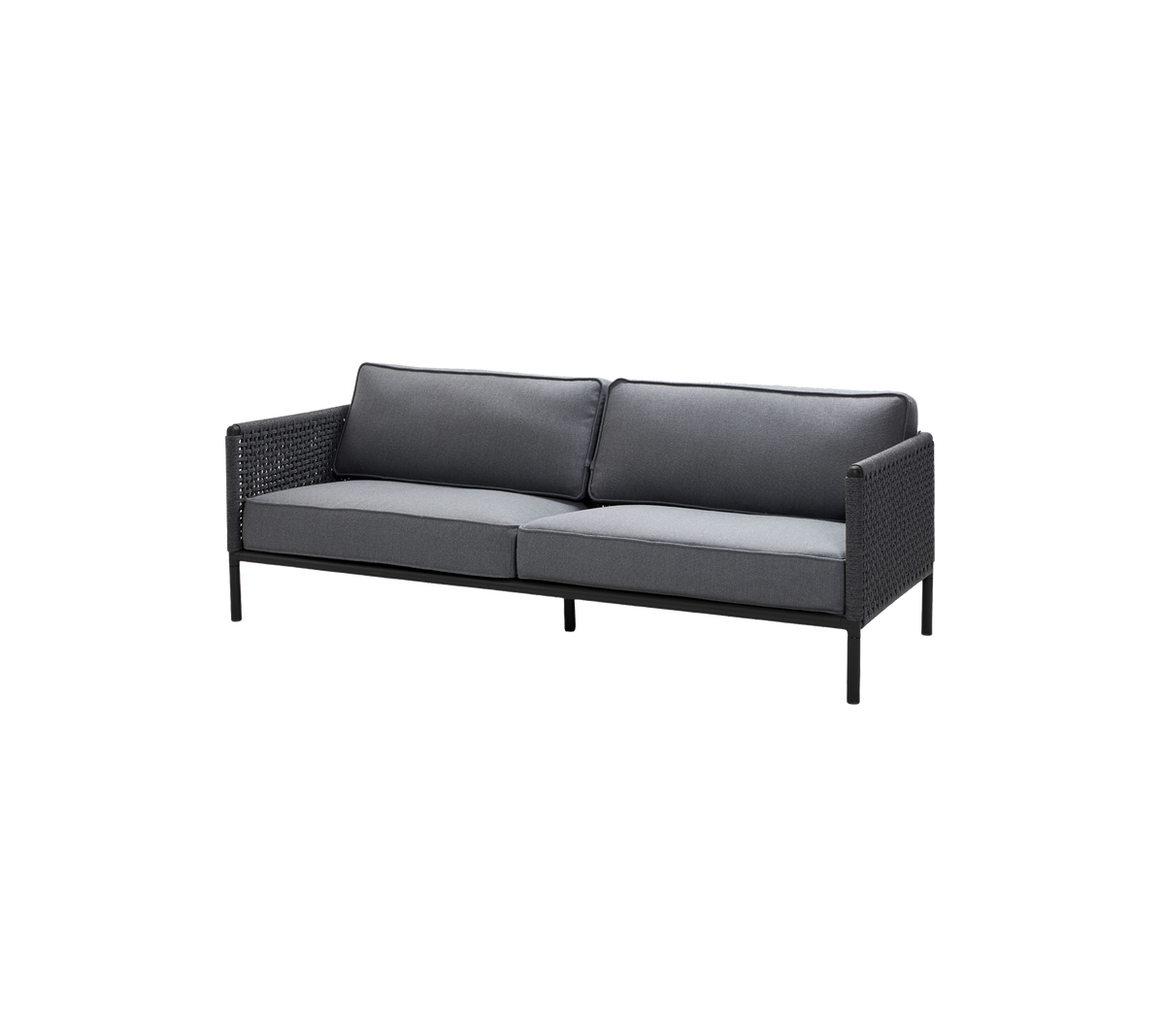 Canapé deux places élégant avec un cadre noir et des coussins gris, présentant un design tissé pour plus de texture et de confort.