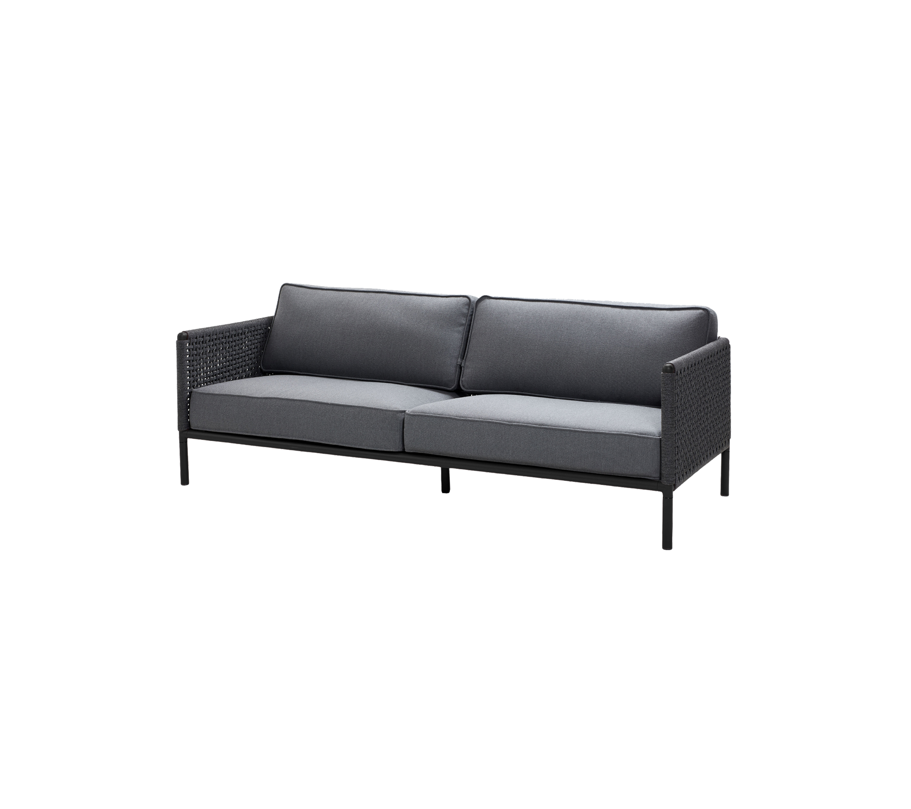 Canapé deux places élégant avec un cadre noir et des coussins gris, présentant un design tissé pour plus de texture et de confort.