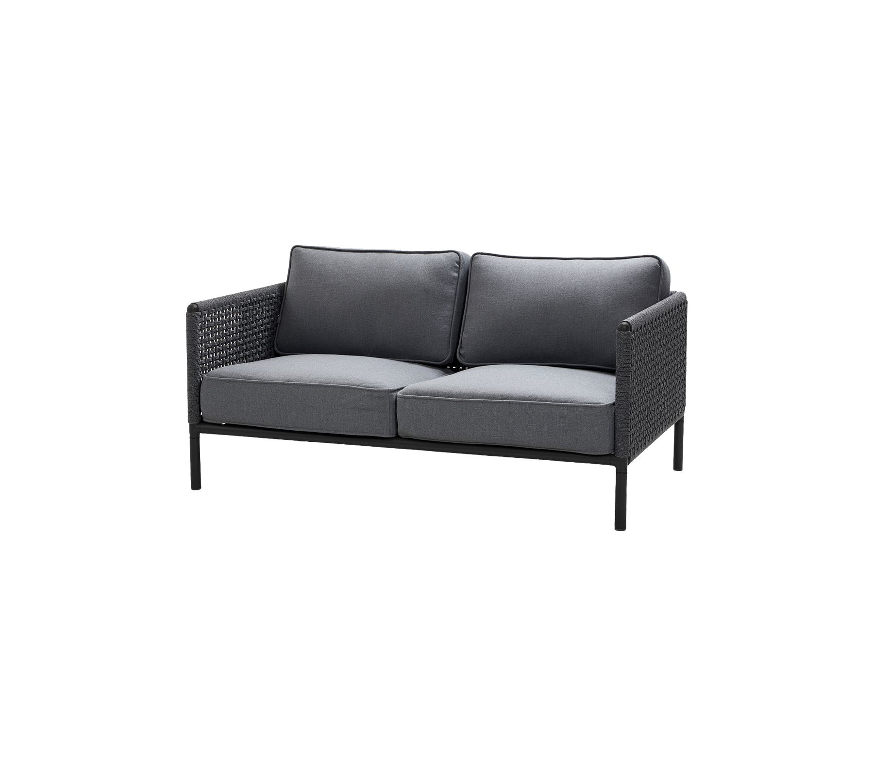 Canapé deux places avec un cadre noir élégant et des coussins gris foncé, conçu pour le confort et le style. Parfait pour les espaces de sièges décontractés.