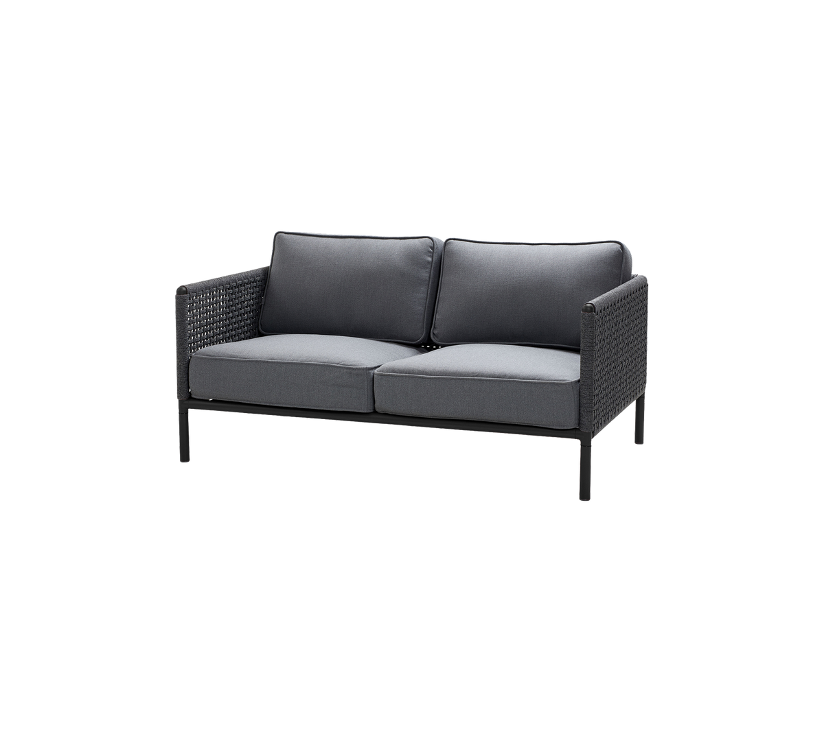 Canapé deux places avec un cadre noir élégant et des coussins gris foncé, conçu pour le confort et le style. Parfait pour les espaces de sièges décontractés.