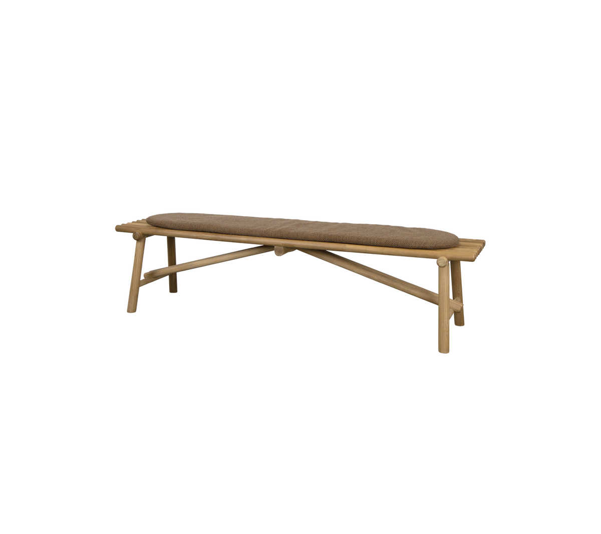 Banc en bois avec un siège incurvé et un design de pieds croisés, offrant une solution d'assise élégante et minimaliste.