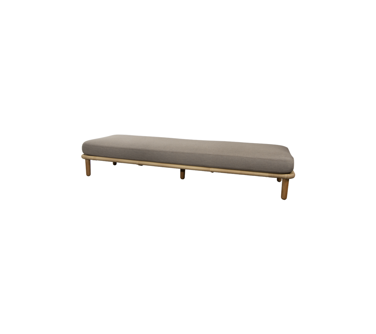 Un banc élégant et minimaliste avec un coussin gris lisse et des pieds en bois, conçu pour un seating polyvalent dans divers espaces.