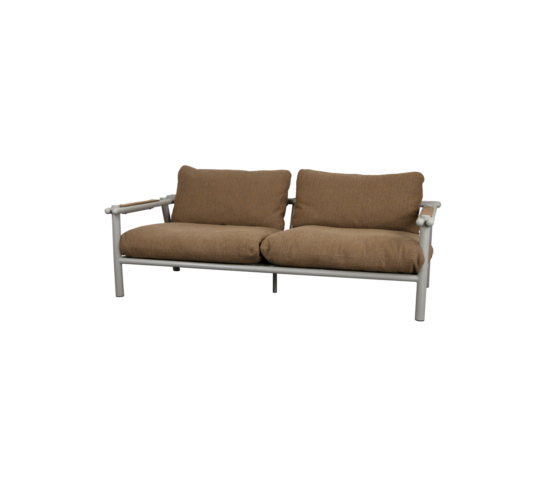 Un canapé deux places confortable avec des coussins bruns moelleux et un cadre en métal élégant, idéal pour la détente et le style.