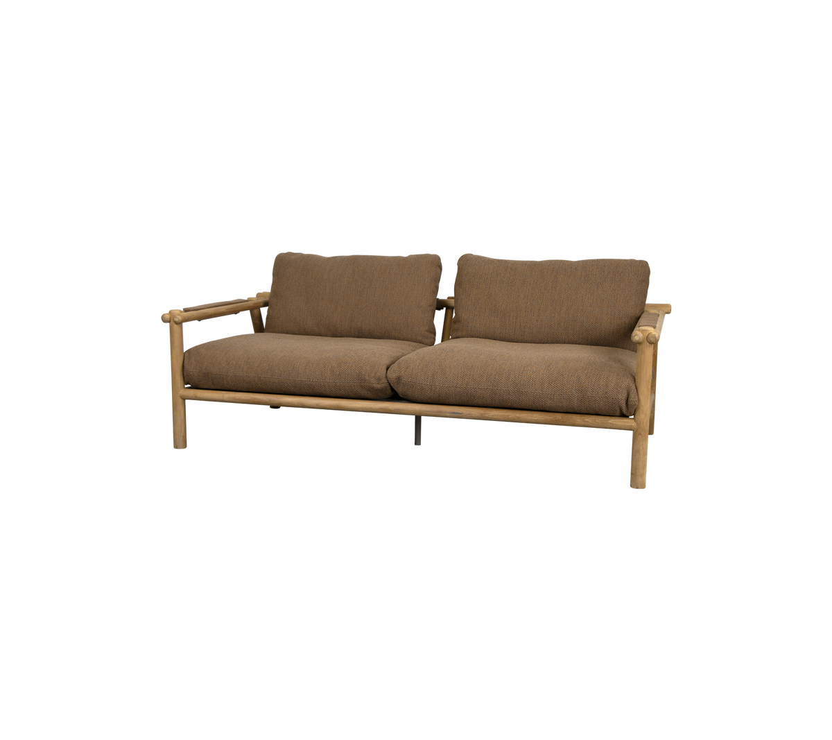 Un canapé deux places confortable avec un cadre en bois et des coussins bruns doux, conçu pour la détente et un seating élégant.