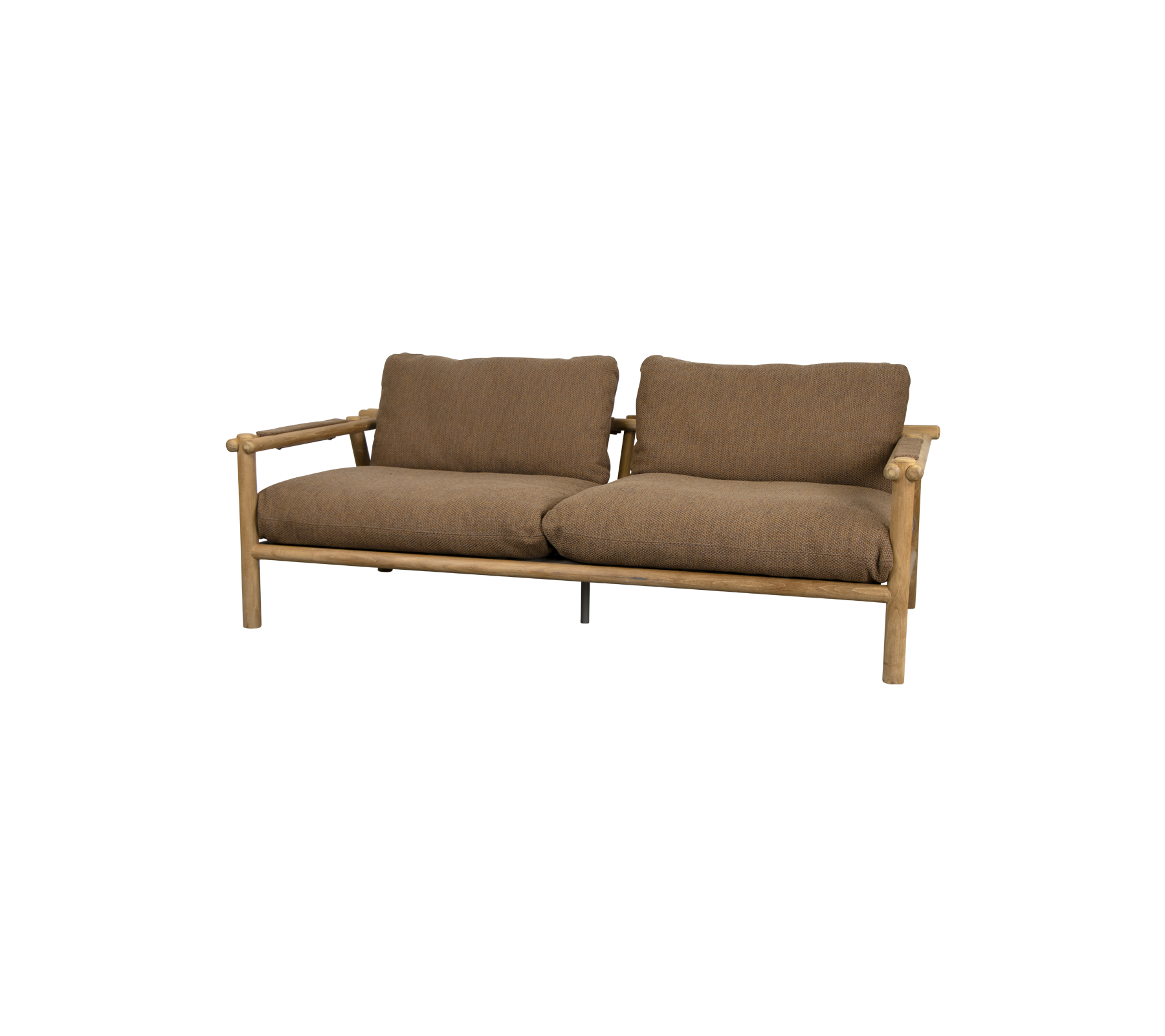 Un canapé deux places confortable avec un cadre en bois et des coussins bruns doux, conçu pour la détente et un seating élégant.