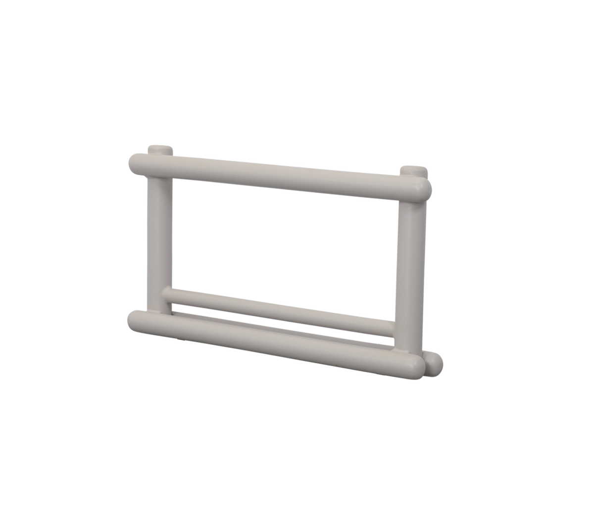 Un accoudoir rectangulaire simple avec deux barres horizontales, conçu pour diverses applications. Léger et dans une couleur neutre.