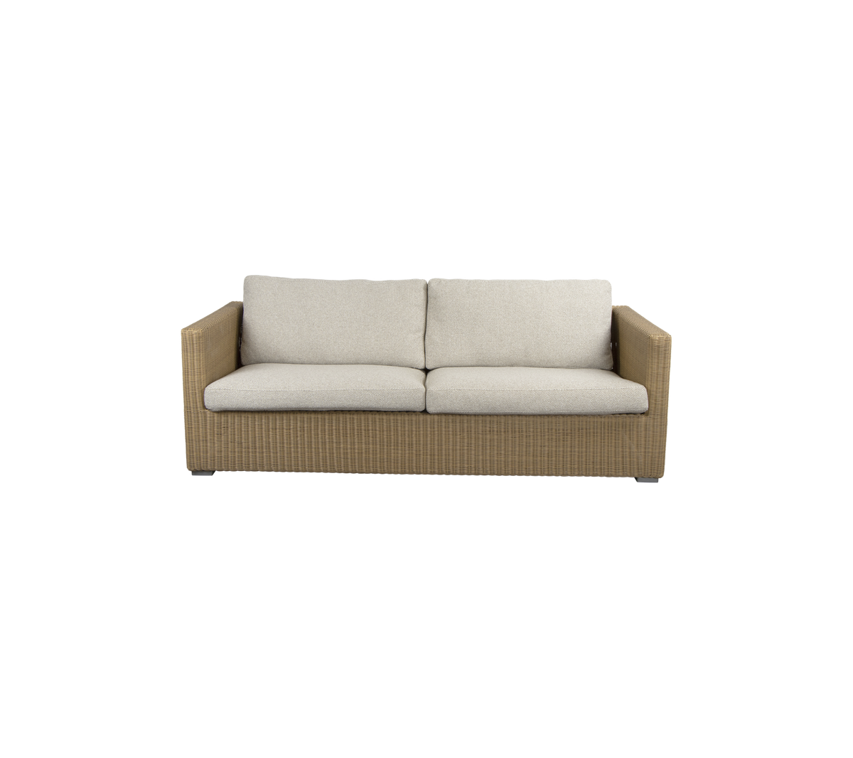 Un canapé deux places élégant avec une base tissée et des coussins doux de couleur neutre pour le confort et un design moderne.