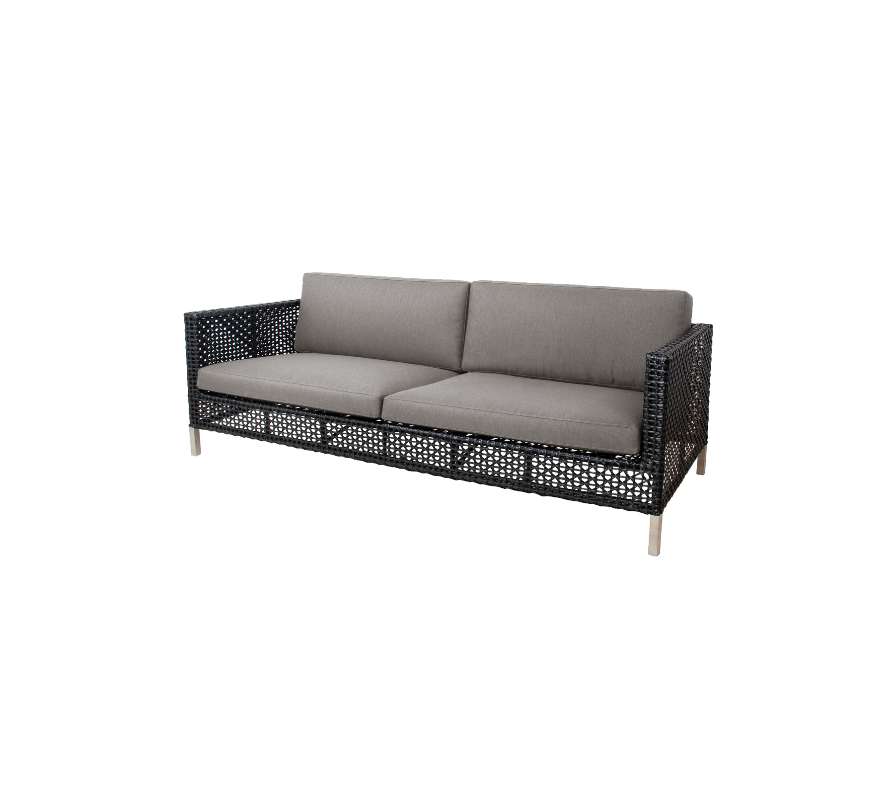 Canapé élégant avec un design tissé et des coussins gris, conçu pour le confort et l'esthétique moderne. Parfait pour tout espace de sièges.