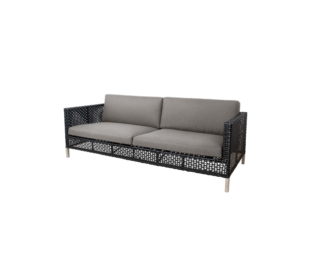 Canapé élégant avec un design tissé et des coussins gris, conçu pour le confort et l'esthétique moderne. Parfait pour tout espace de sièges.