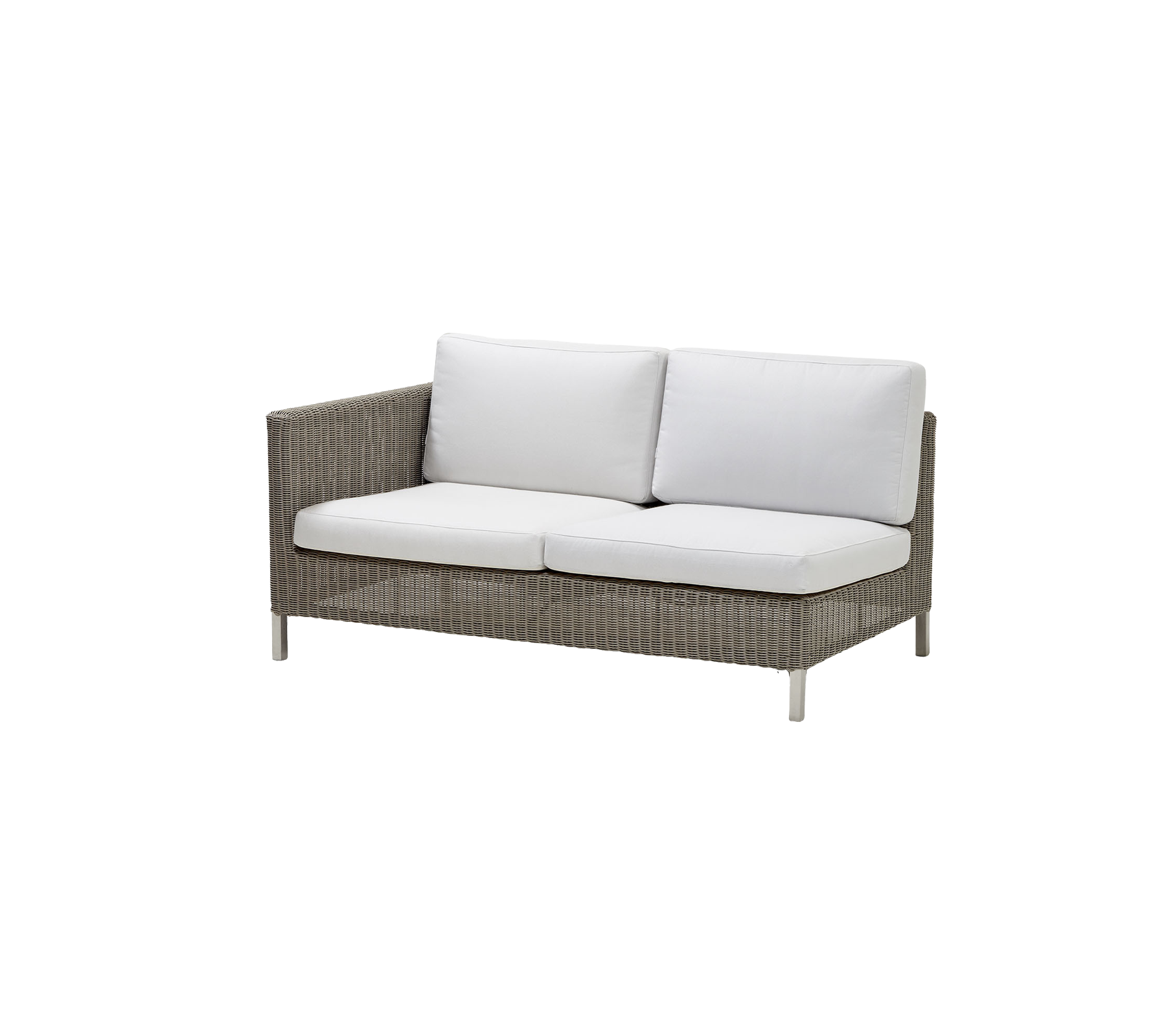 Un canapé deux places élégant avec un design tissé et des coussins blancs moelleux, parfait pour la détente et le confort.