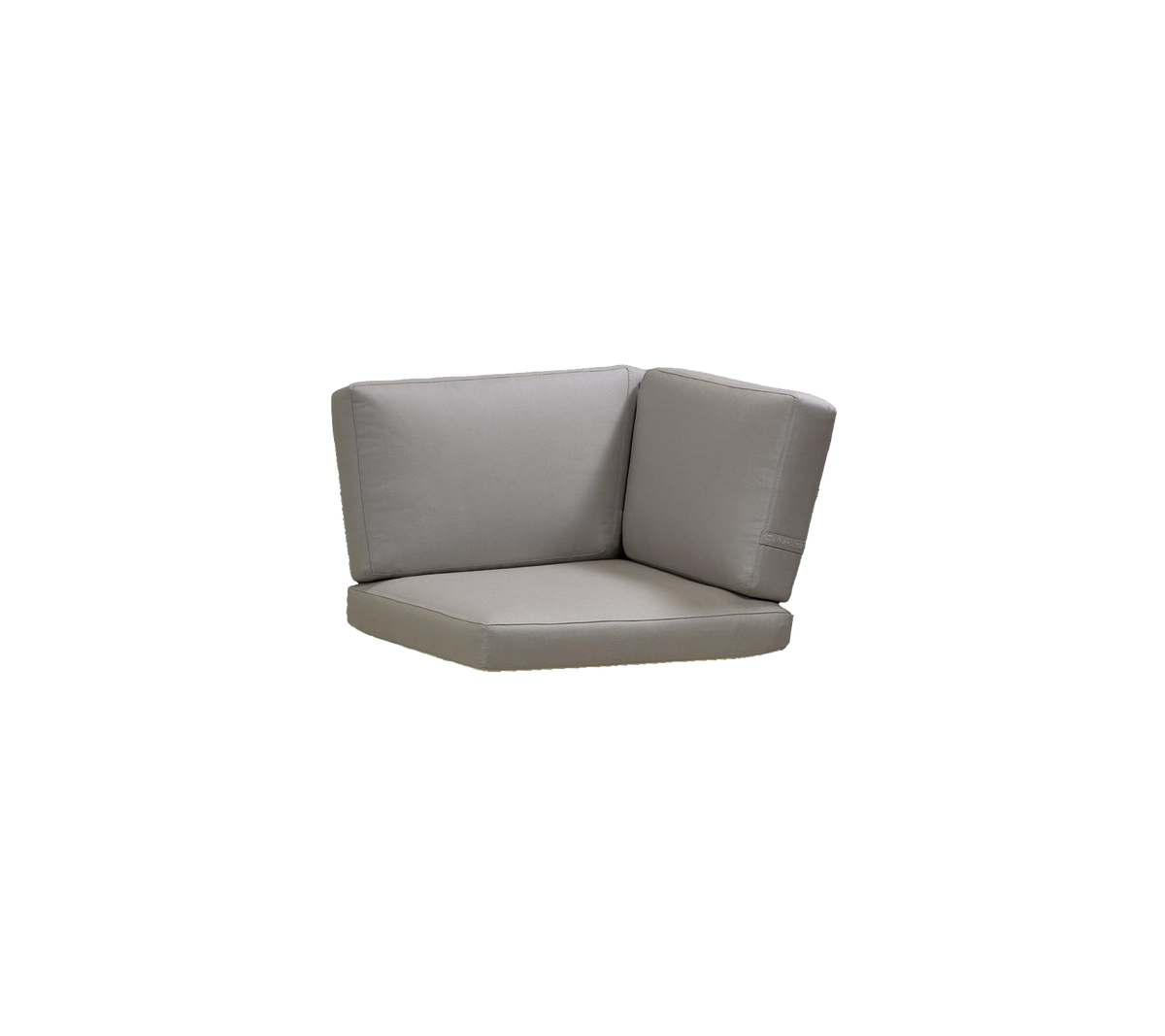 Coussin d'angle en tissu gris doux, conçu pour le confort et un placement polyvalent dans divers environnements.