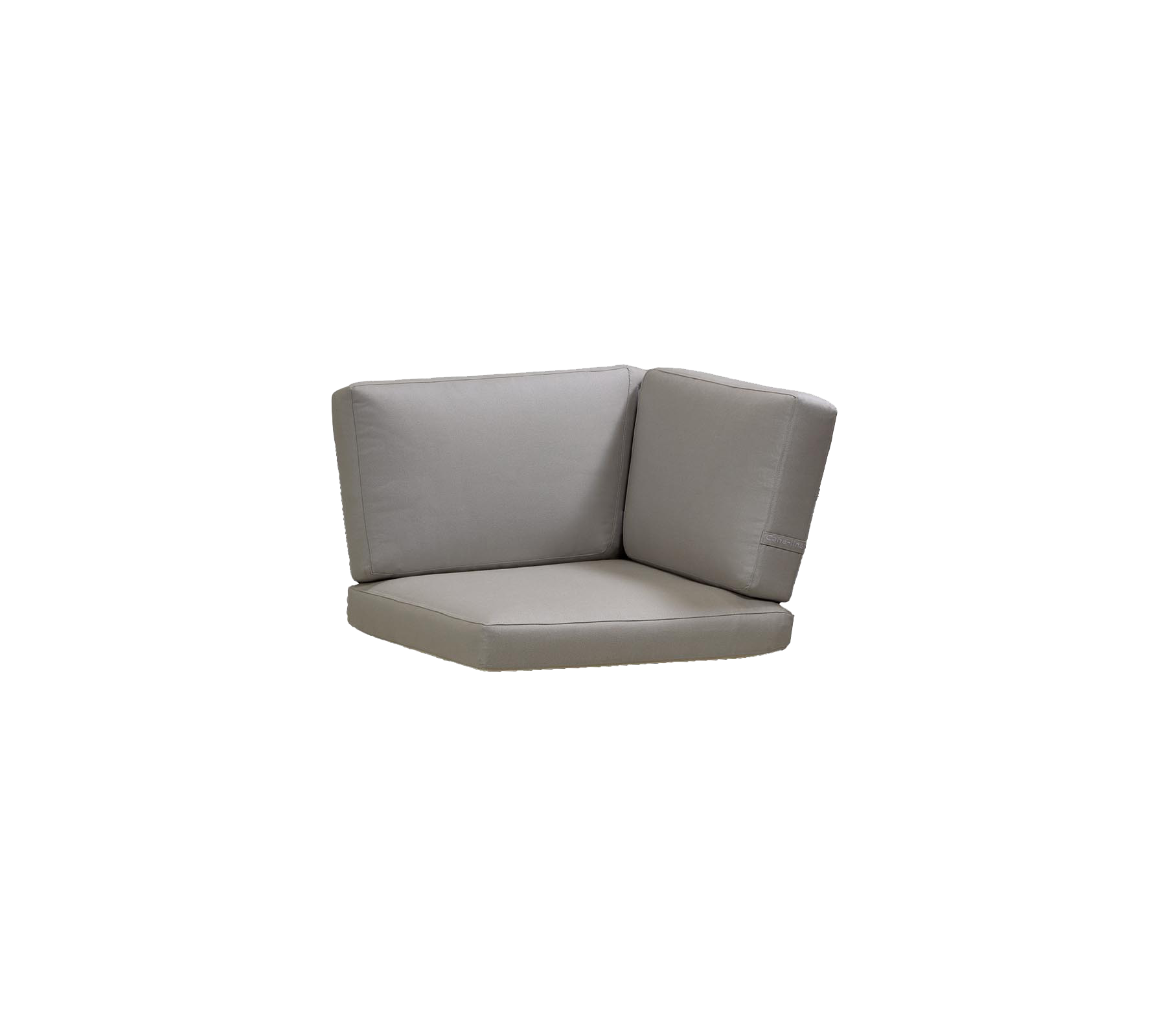 Coussin d'angle en tissu gris doux, conçu pour le confort et un placement polyvalent dans divers environnements.