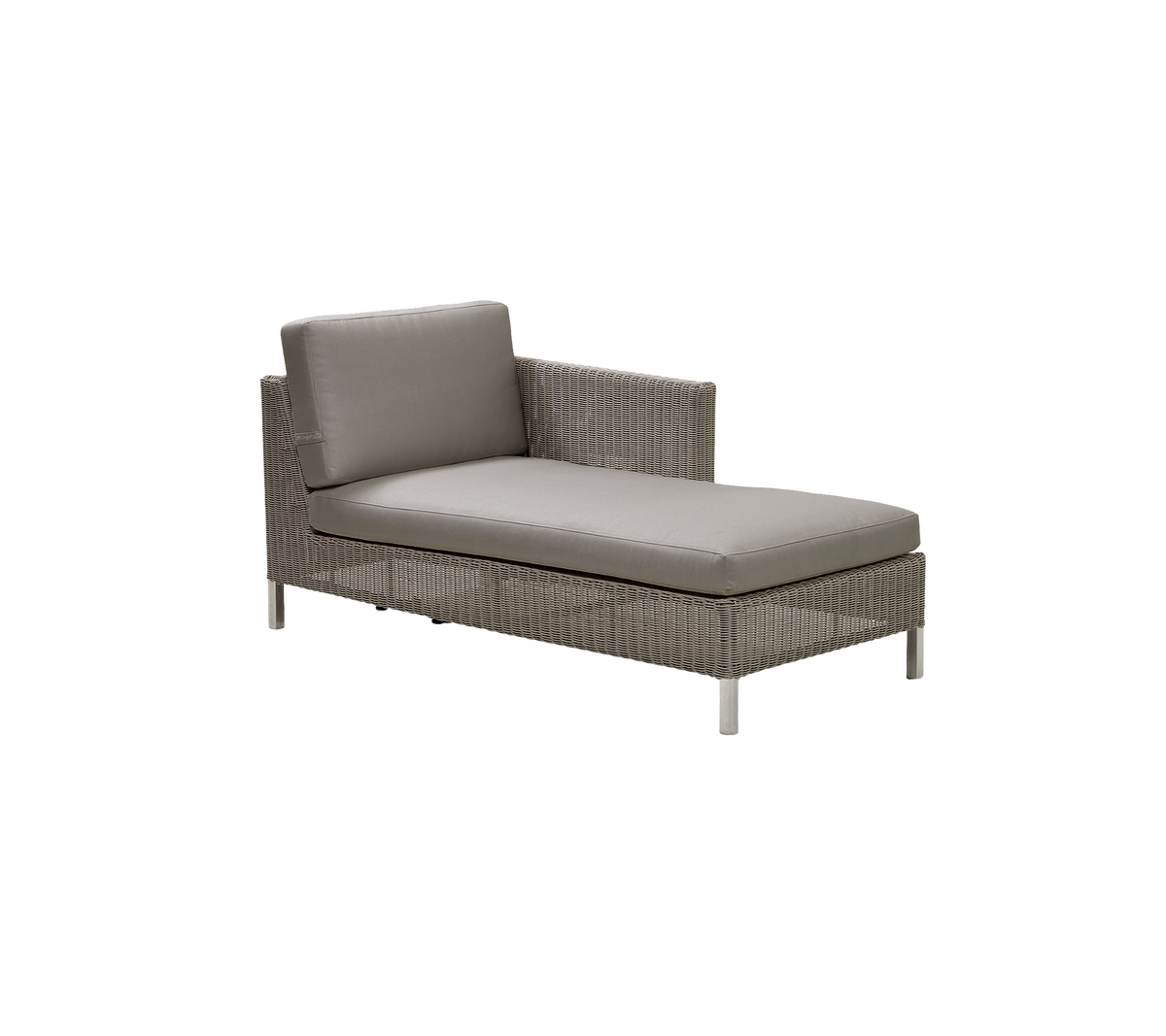 Chaise longue élégante avec un design épuré, dotée d'un coussin confortable et d'un cadre tissé moderne. Idéal pour la détente et les espaces extérieurs.