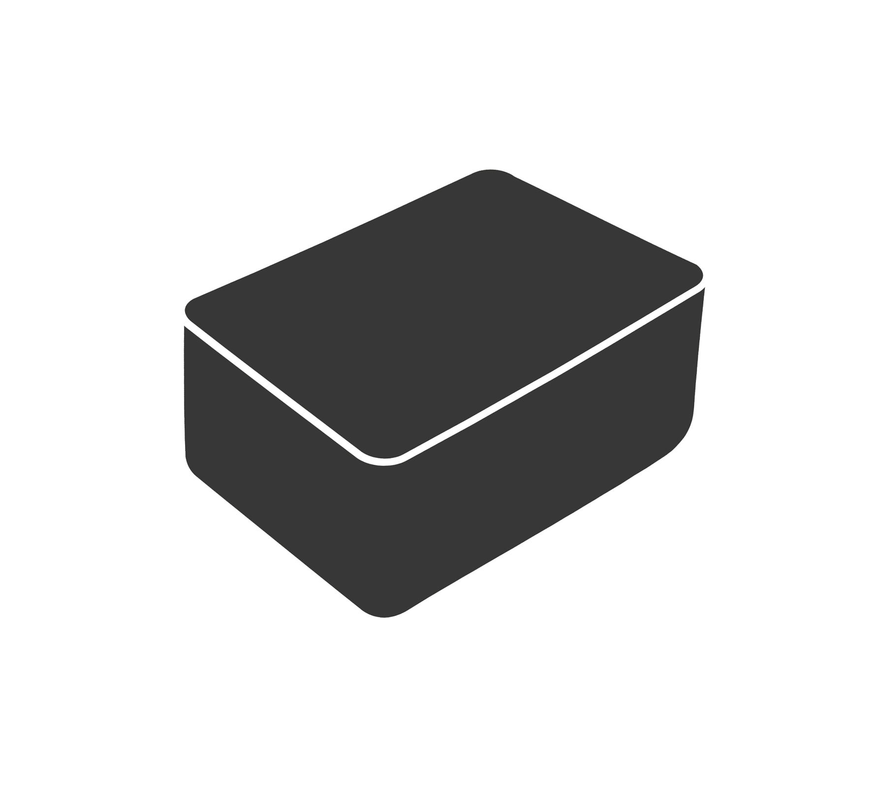 Illustration d'une boîte de rangement rectangulaire avec une surface lisse et des bords arrondis.