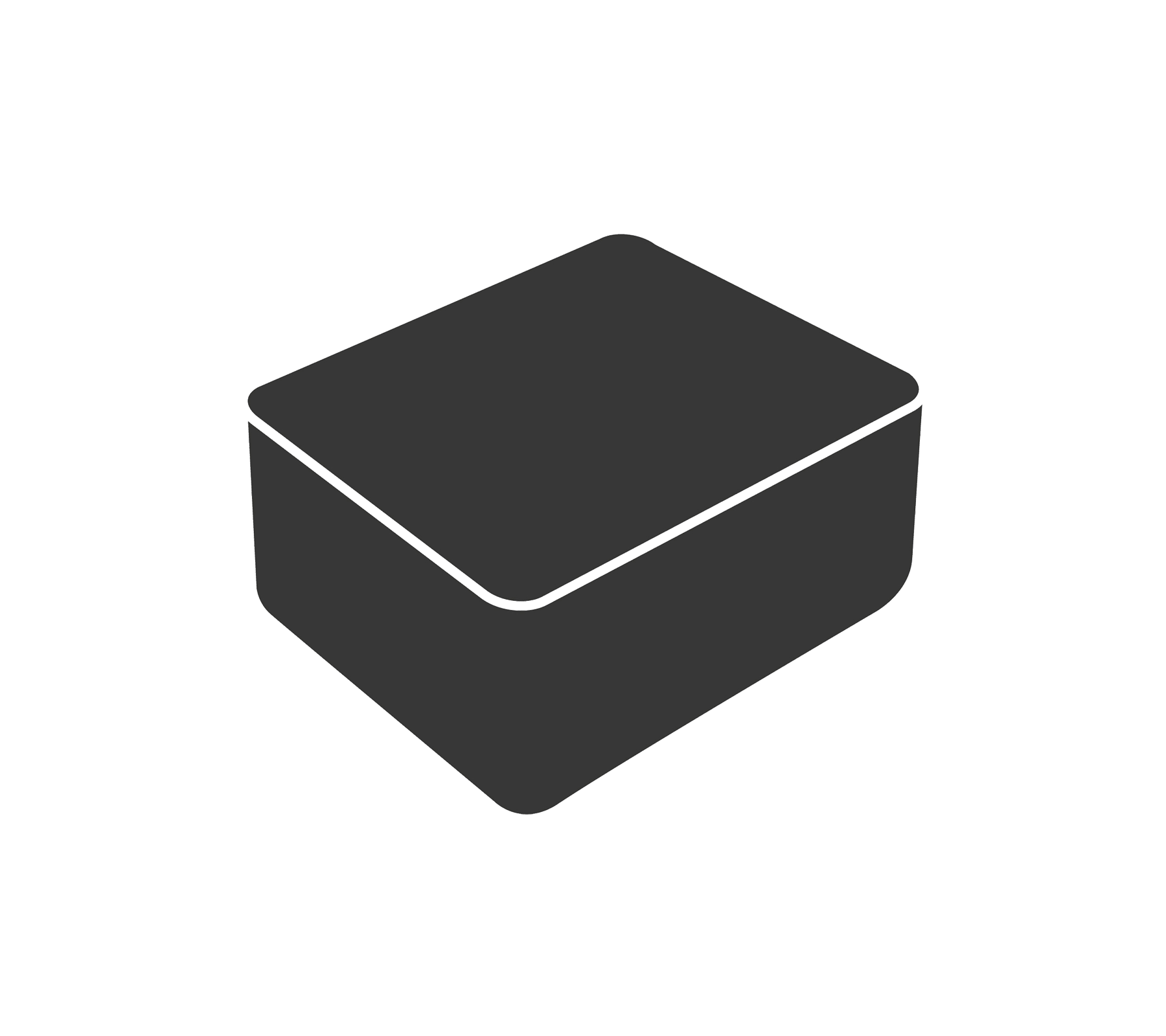 Une boîte rectangulaire simple et sombre aux bords arrondis, avec un dessus plat et une base légèrement surélevée.