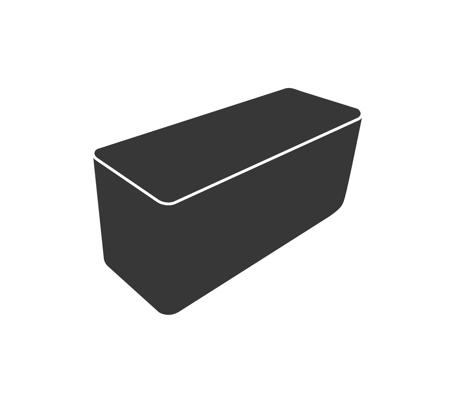Boîte de rangement grise avec un couvercle rectangulaire et des côtés inclinés. Idéal pour organiser divers objets.