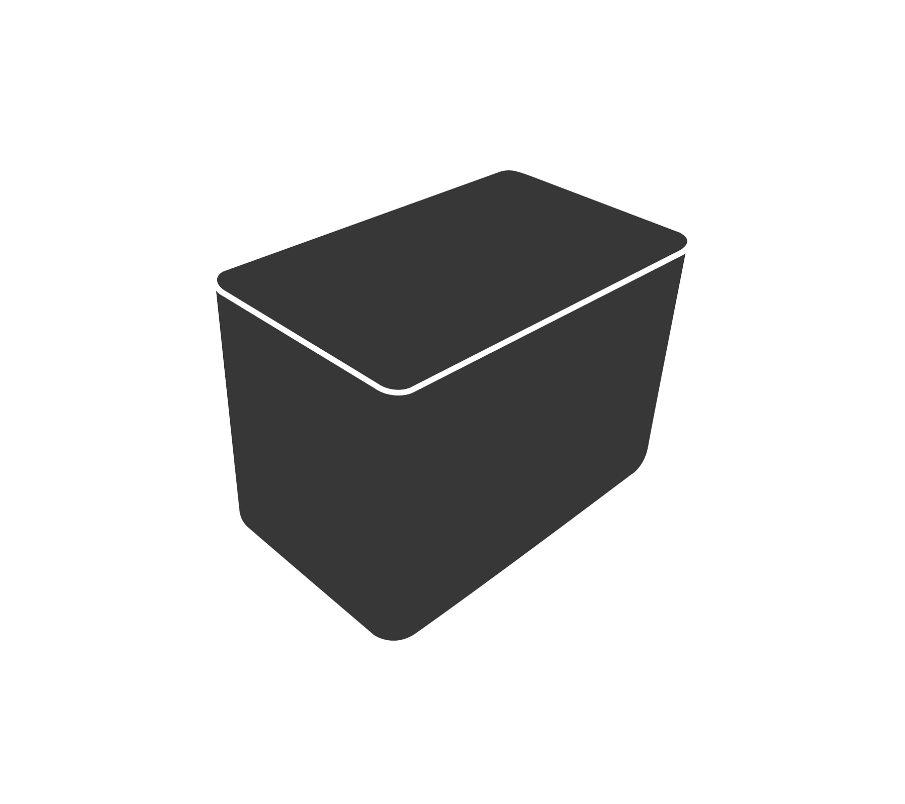 Un conteneur rectangulaire sombre avec une surface lisse et des côtés légèrement inclinés, doté d'un couvercle plat sur le dessus.