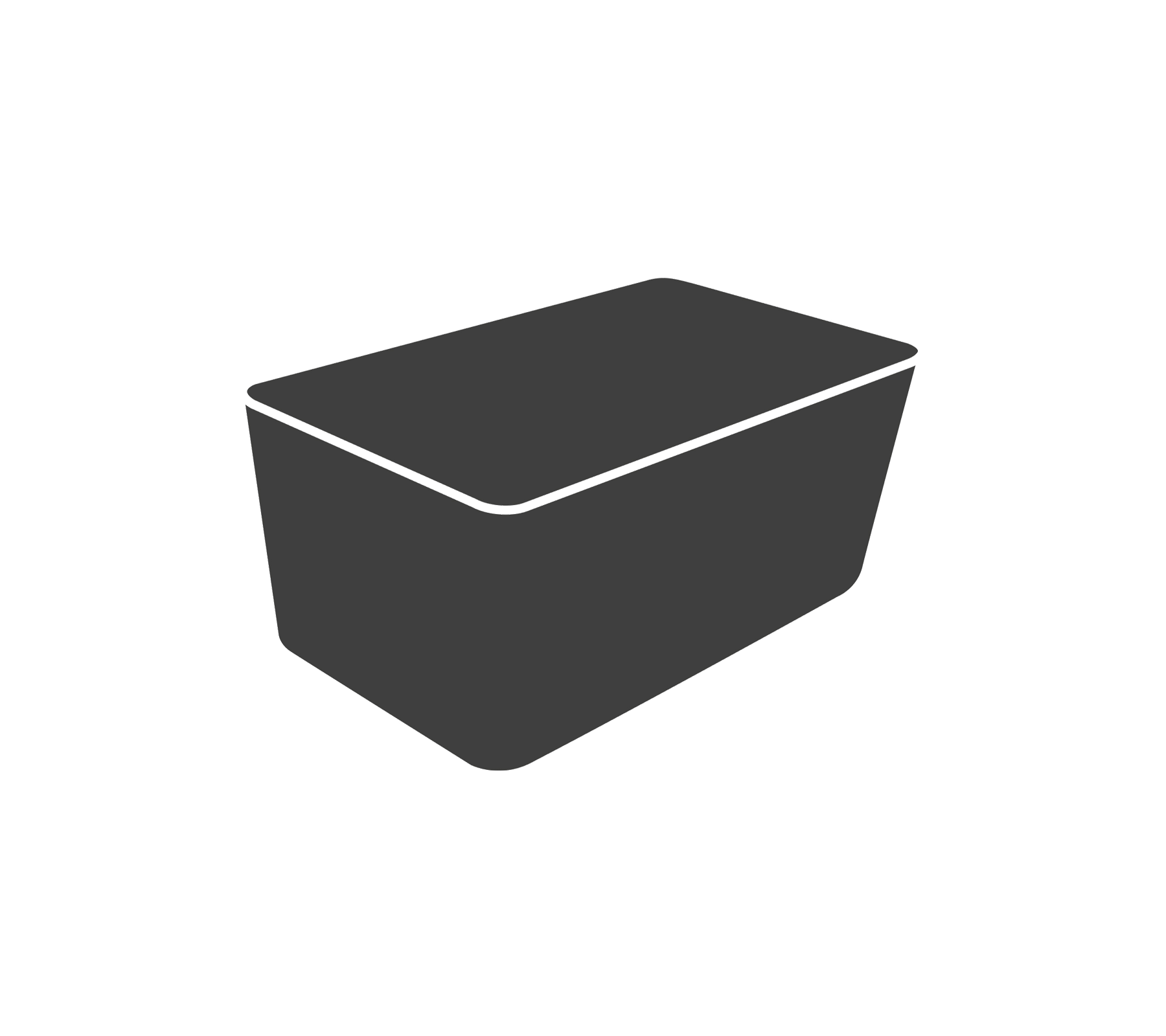 Un conteneur rectangulaire simple avec un couvercle plat, conçu pour le stockage ou le transport, de couleur gris foncé.