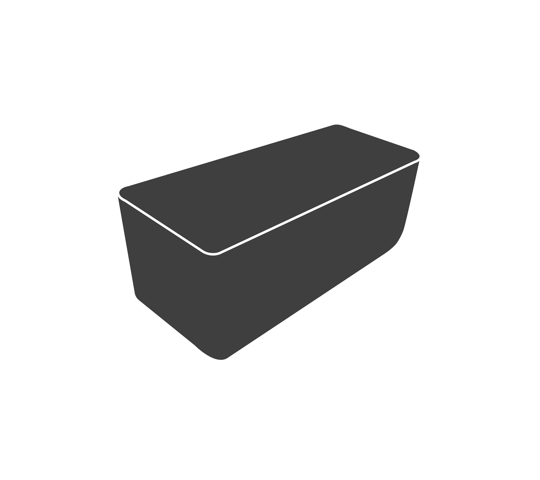 Un conteneur élégant et rectangulaire avec un design effilé, équipé d'un couvercle et d'une surface lisse, idéal pour le stockage ou le service.