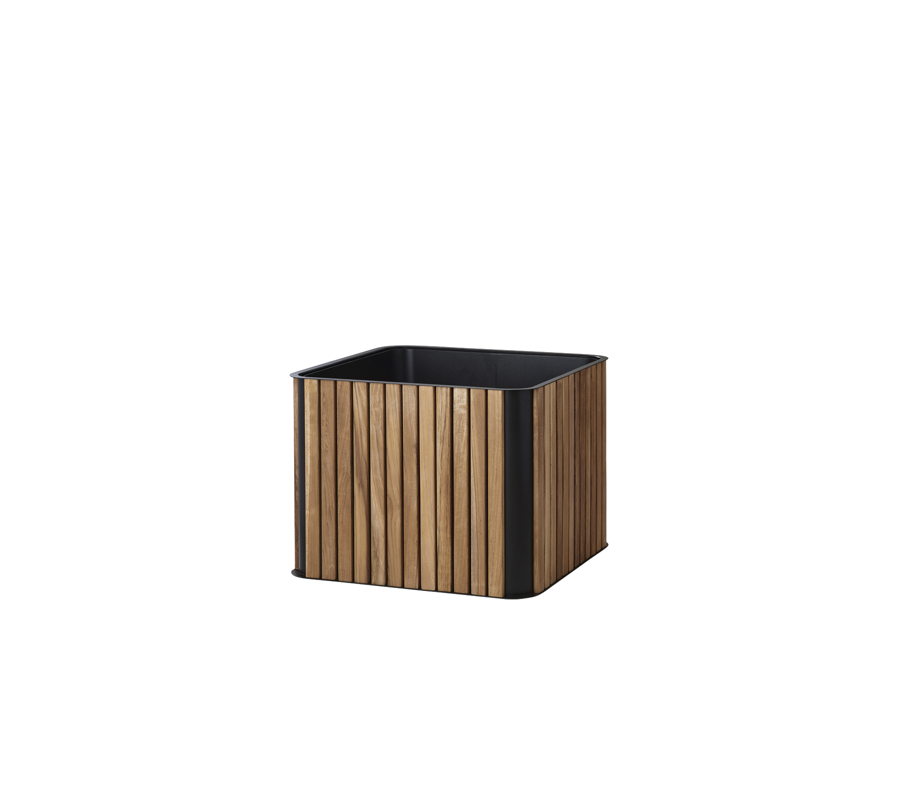 Bac à fleurs carré avec un design à lattes en bois et une base noire, idéal pour exposer des plantes et embellir n'importe quel espace.