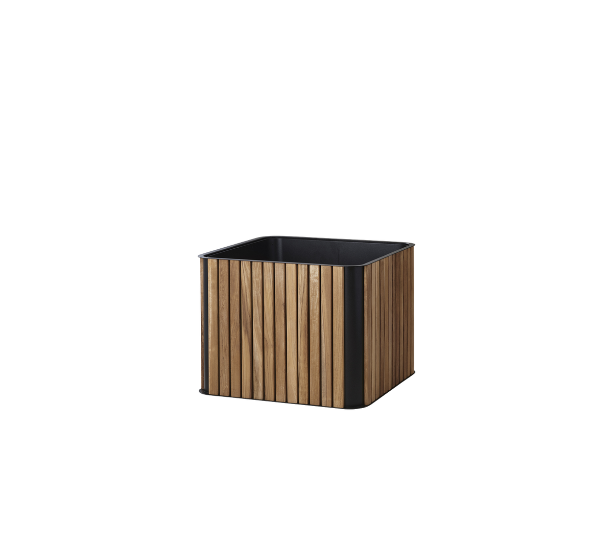 Bac à fleurs carré avec un design à lattes en bois et une base noire, idéal pour exposer des plantes et embellir n'importe quel espace.