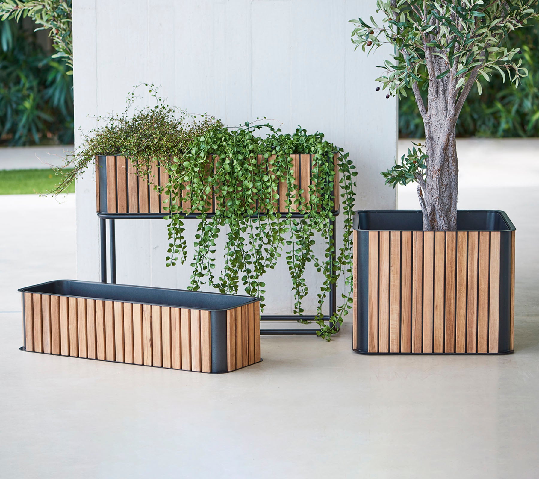 Trois jardinières élégantes avec des lattes en bois et des bases en métal, mettant en valeur une végétation luxuriante et ajoutant une touche d'élégance à n'importe quel espace.