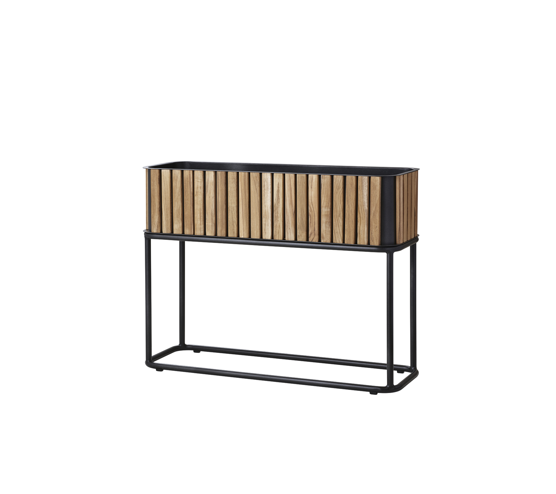 Caisse en bois avec un design à lattes, soutenue par un cadre en métal élégant, adaptée pour exposer des plantes ou des fleurs.