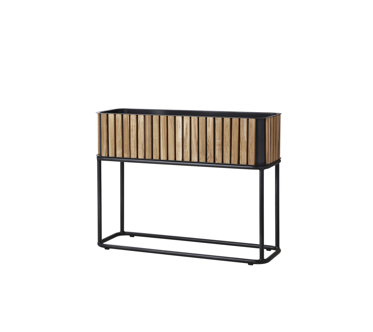 Caisse en bois avec un design à lattes, soutenue par un cadre en métal élégant, adaptée pour exposer des plantes ou des fleurs.