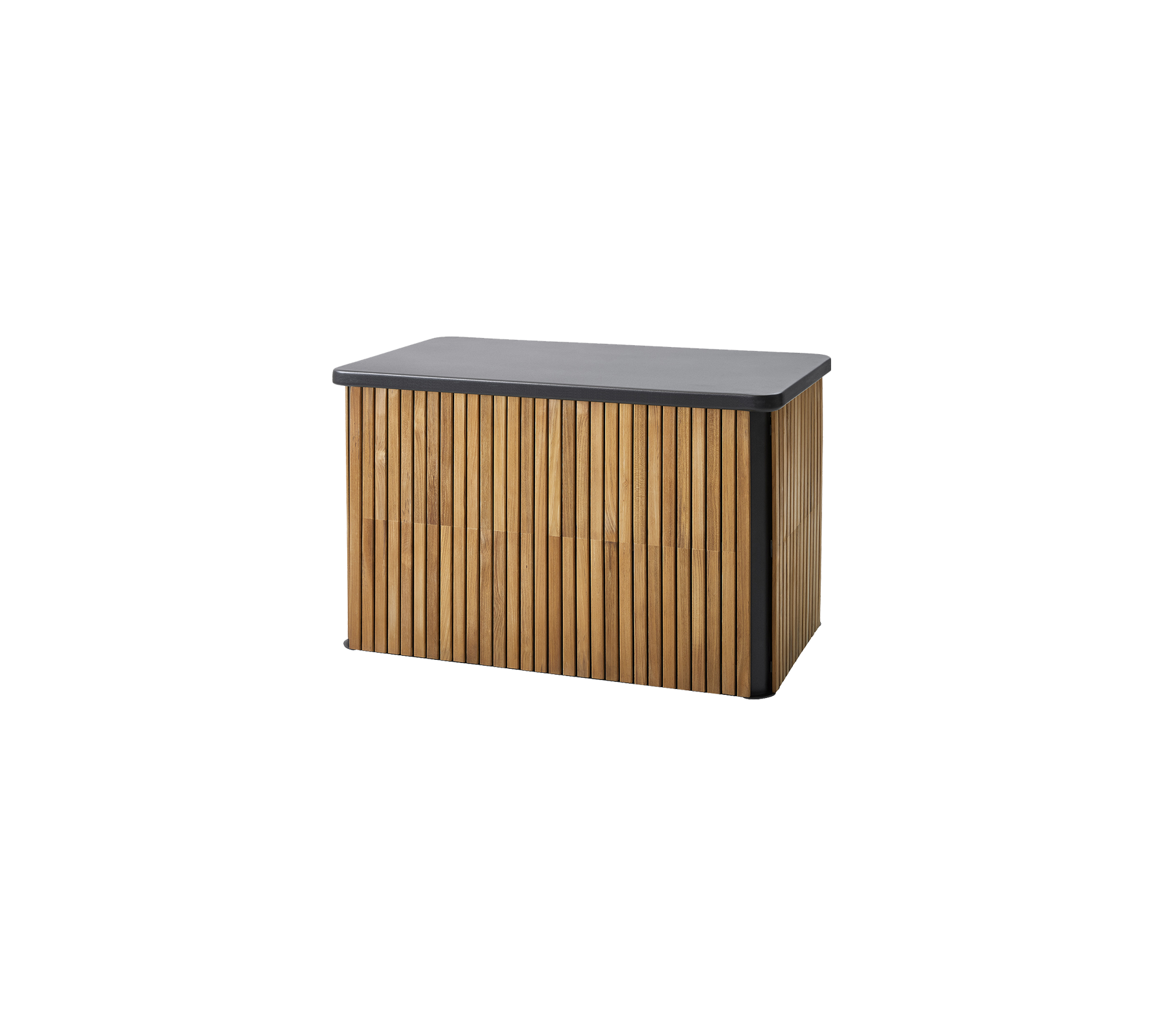 Boîte de rangement en bois avec un design en lamelles et un dessus lisse et sombre, idéale pour l'organisation et le style.