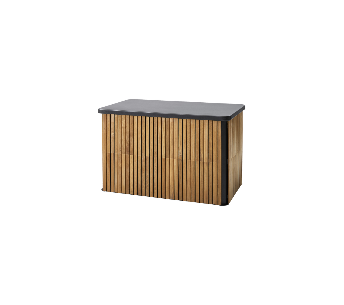 Boîte de rangement en bois avec un design en lamelles et un dessus lisse et sombre, idéale pour l'organisation et le style.