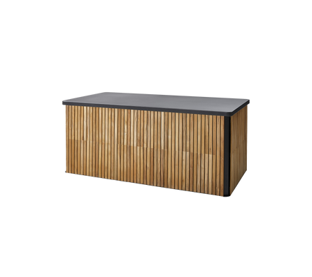 Banc de rangement élégant avec un dessus sombre et un design en bois à lattes verticales pour une esthétique moderne. Idéal pour un usage polyvalent.